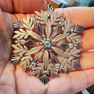 Large Signed JJ Silver Snowflake Brooch AB Rhinestones Layered Winter Pin